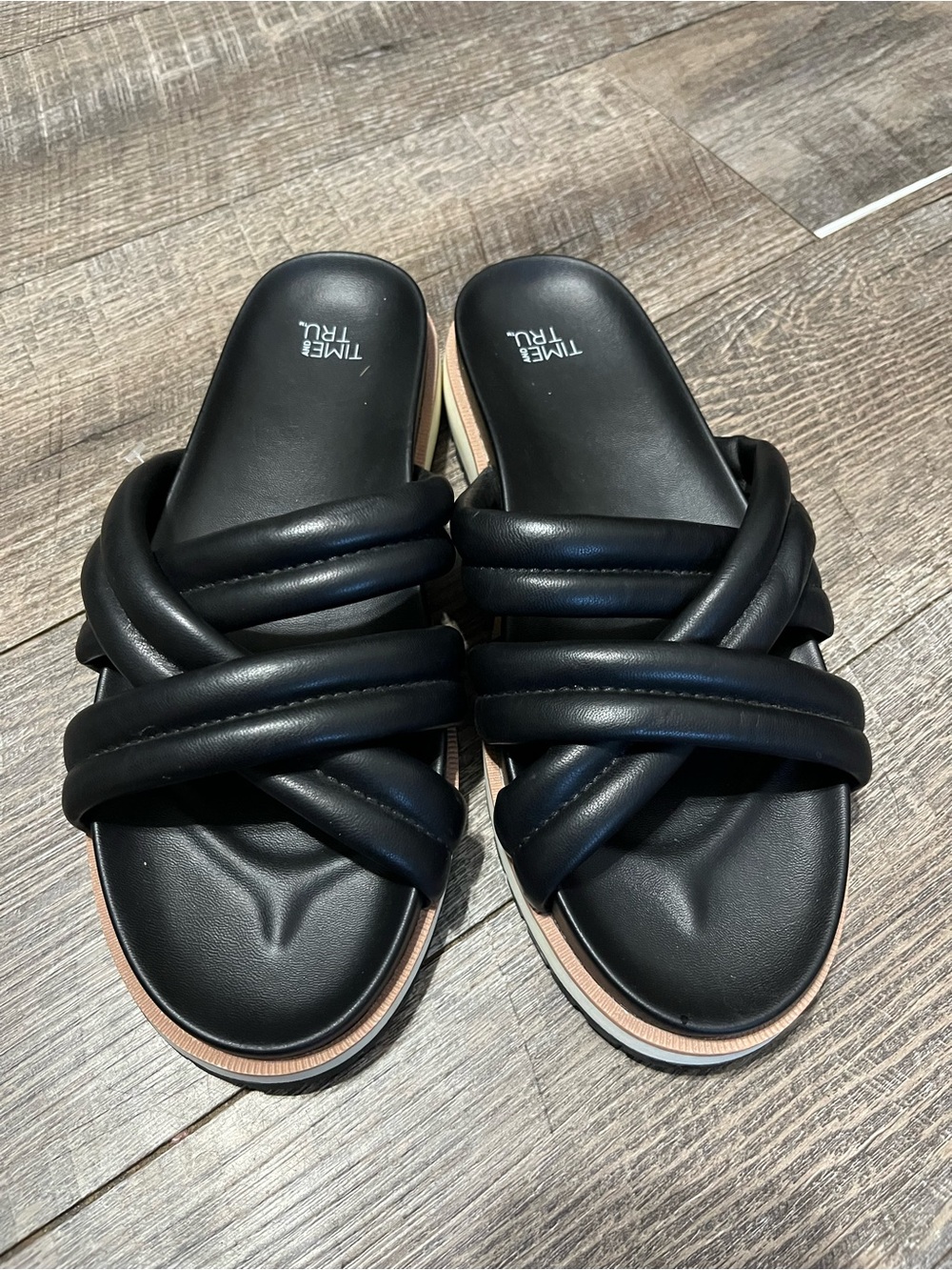 Time and Tru Black Crisscross Slide Sandals